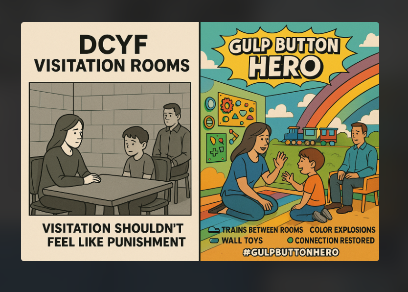 DCYF visitation rooms: gray vs transformed Gulp Button Heroes concept